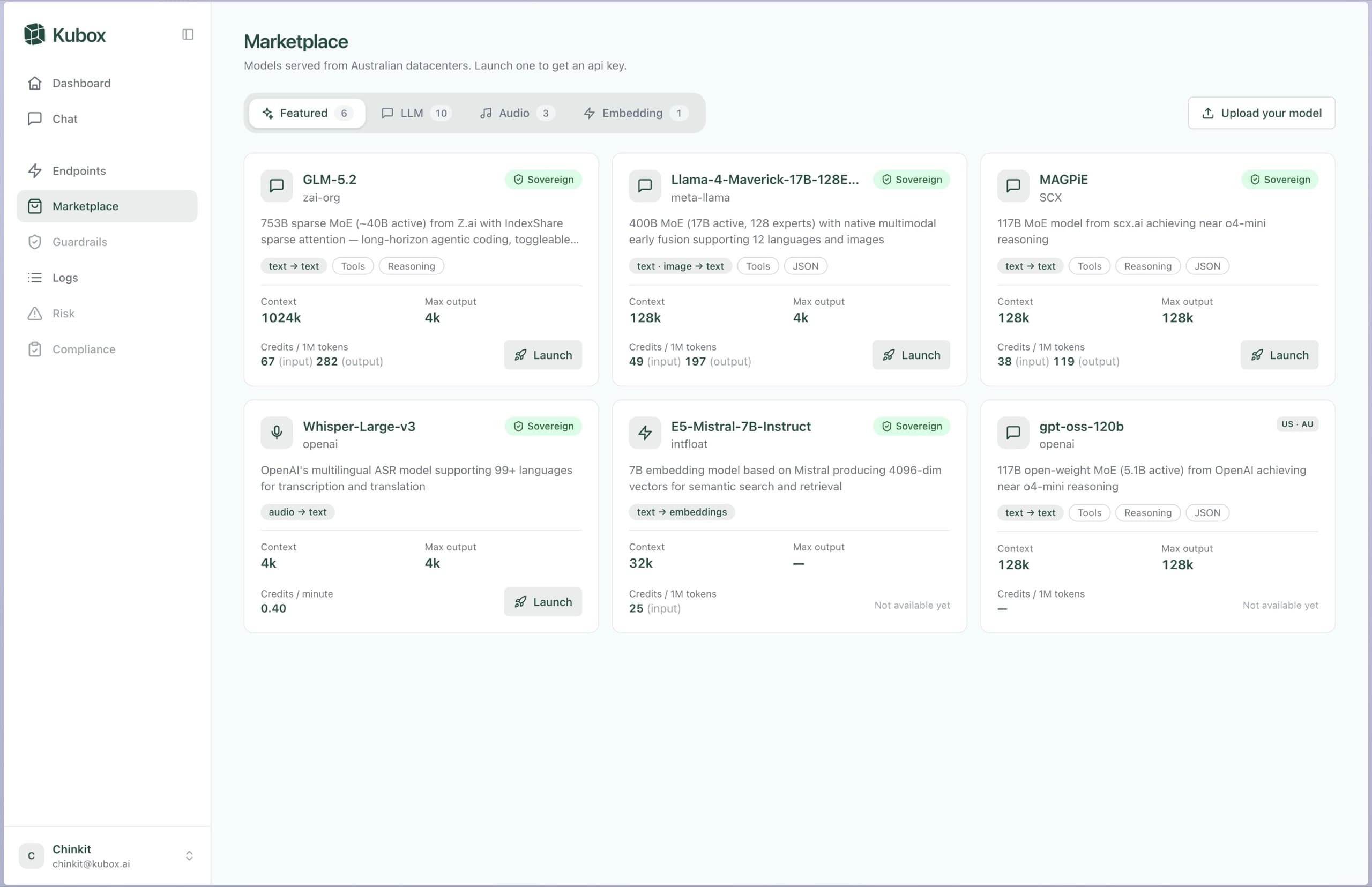 Kubox marketplace showing sovereign models served from Australian data centres, with per-token pricing, one-click launch and upload-your-model