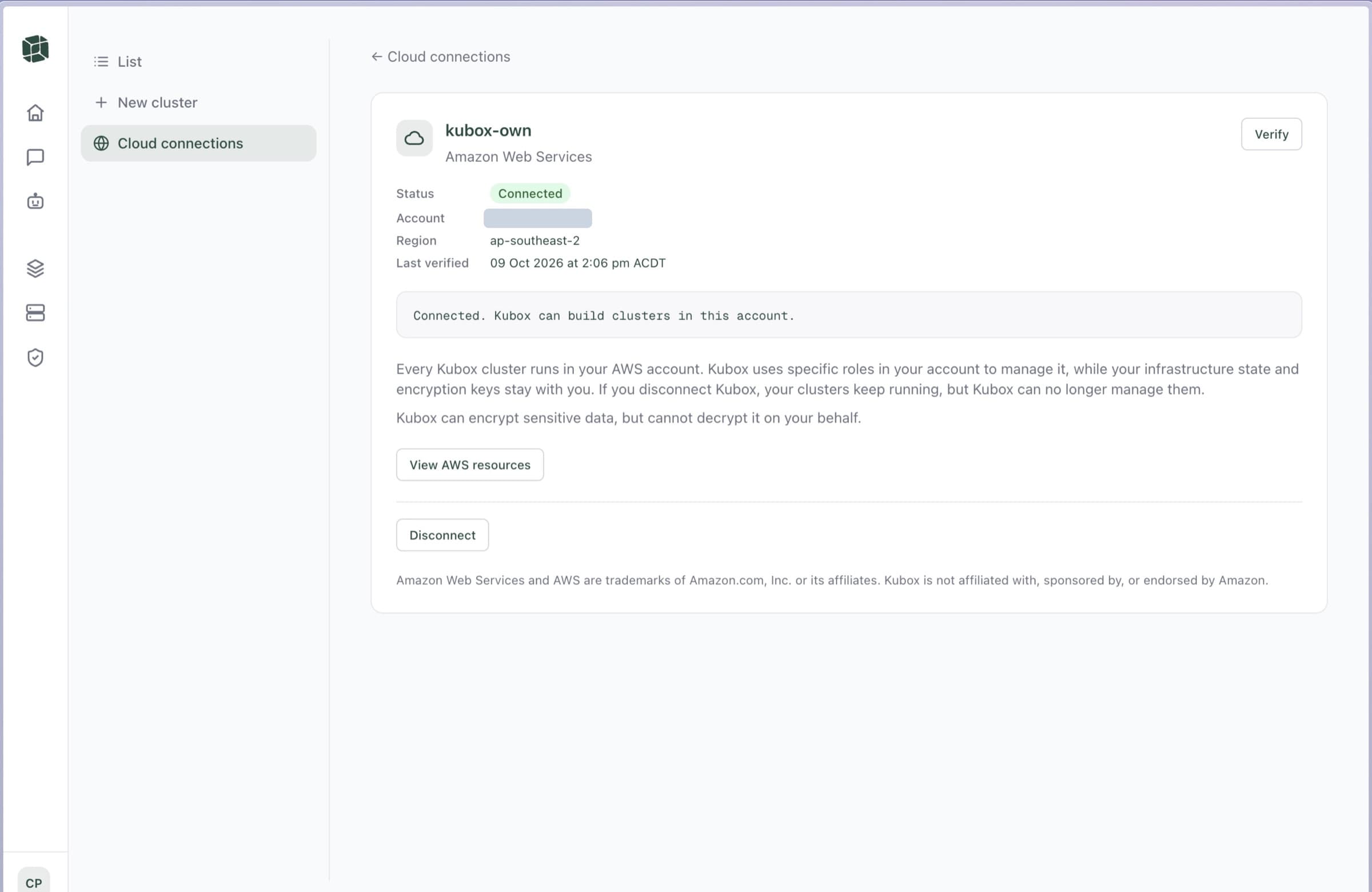 A connected AWS account in Kubox, showing the region, the last verification, and what happens if the connection ends