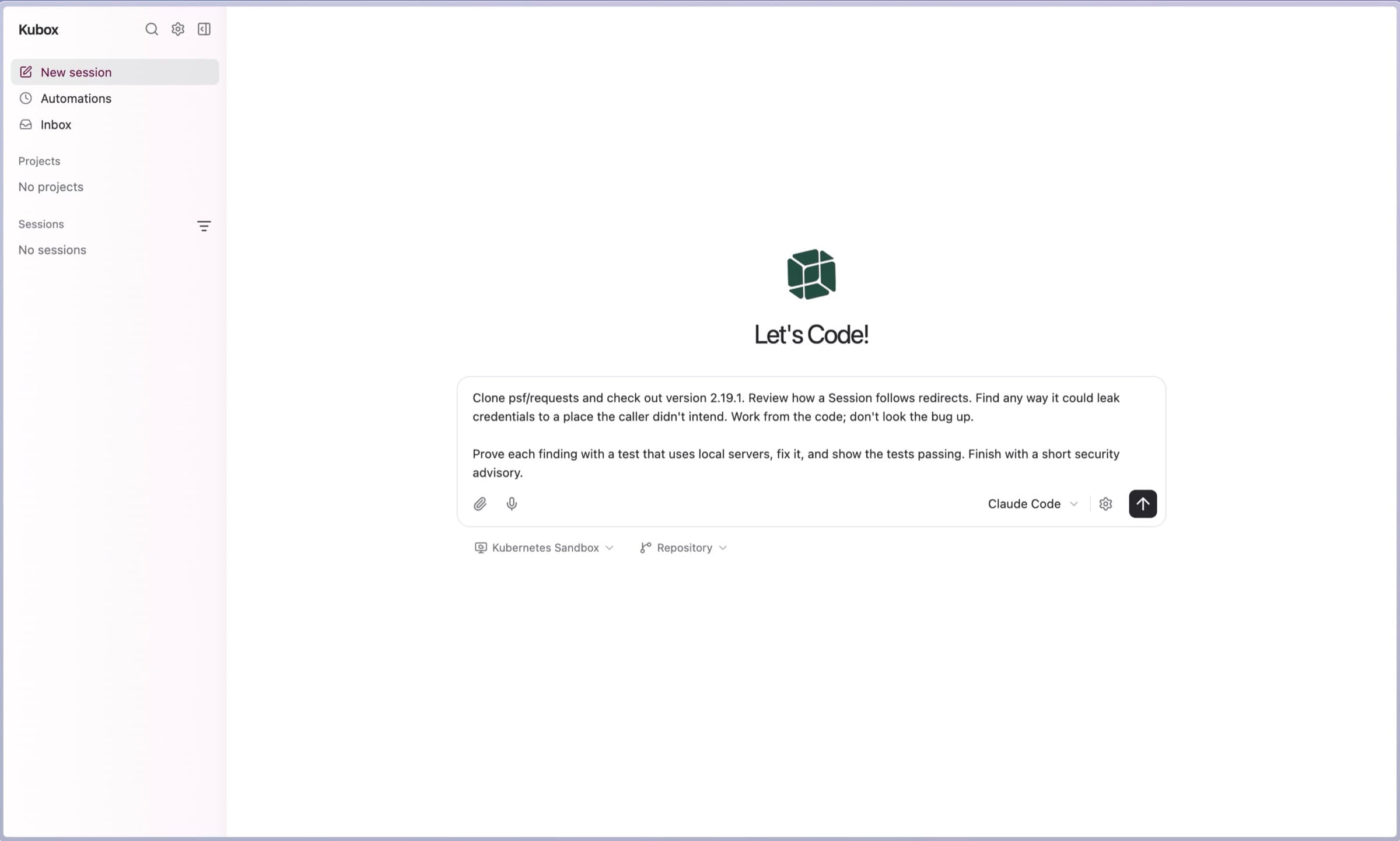 Starting a session in Kubox: a security review task typed into the box, Claude Code selected as the agent, and a Kubernetes Sandbox and repository chosen beneath it
