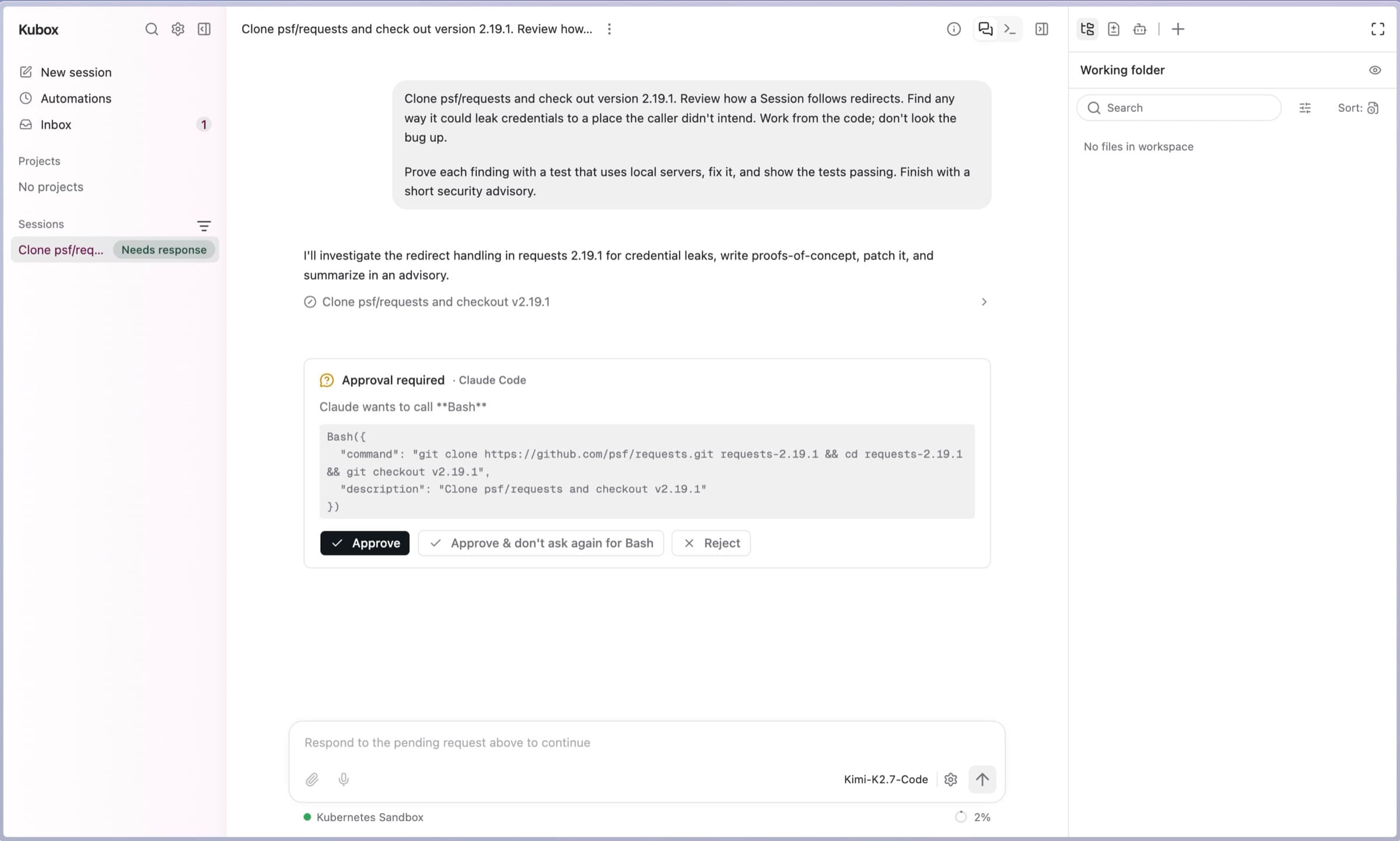 Kubox pausing a session for approval: the agent wants to run a Bash command, the full command is shown, with Approve, Approve and stop asking for Bash, and Reject