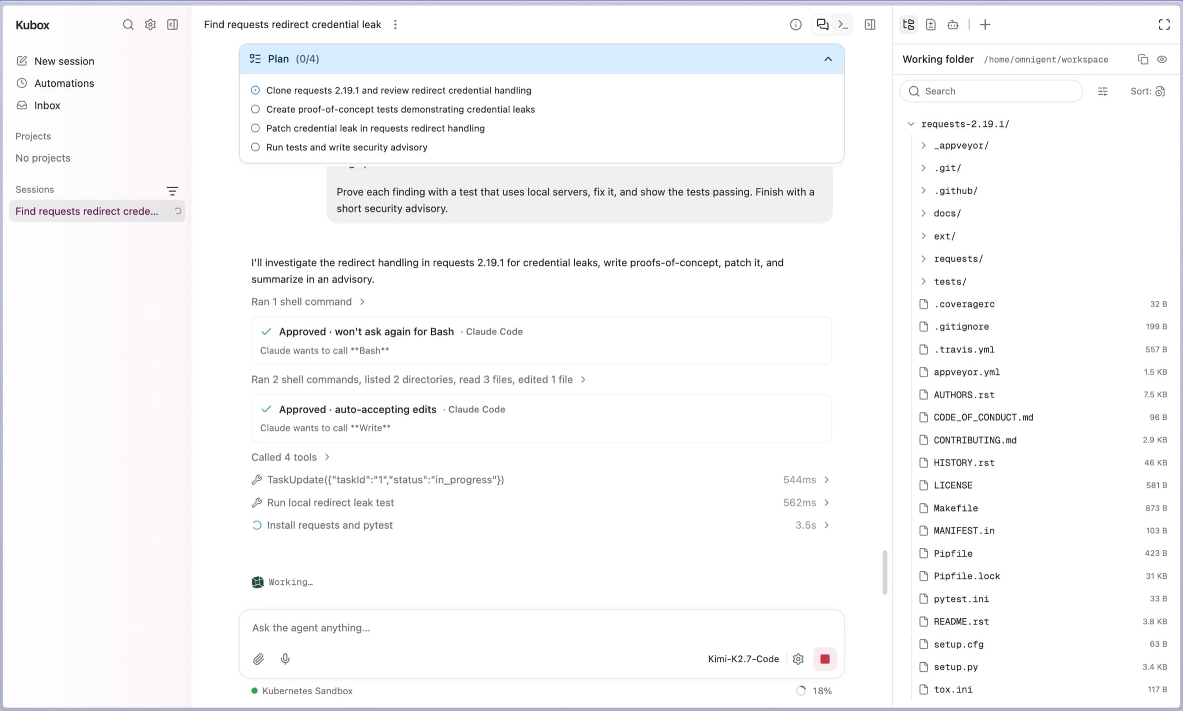 A Kubox session part-way through a security review: a four-step plan, approved tool calls, shell commands with timings, and the cloned repository in the working folder