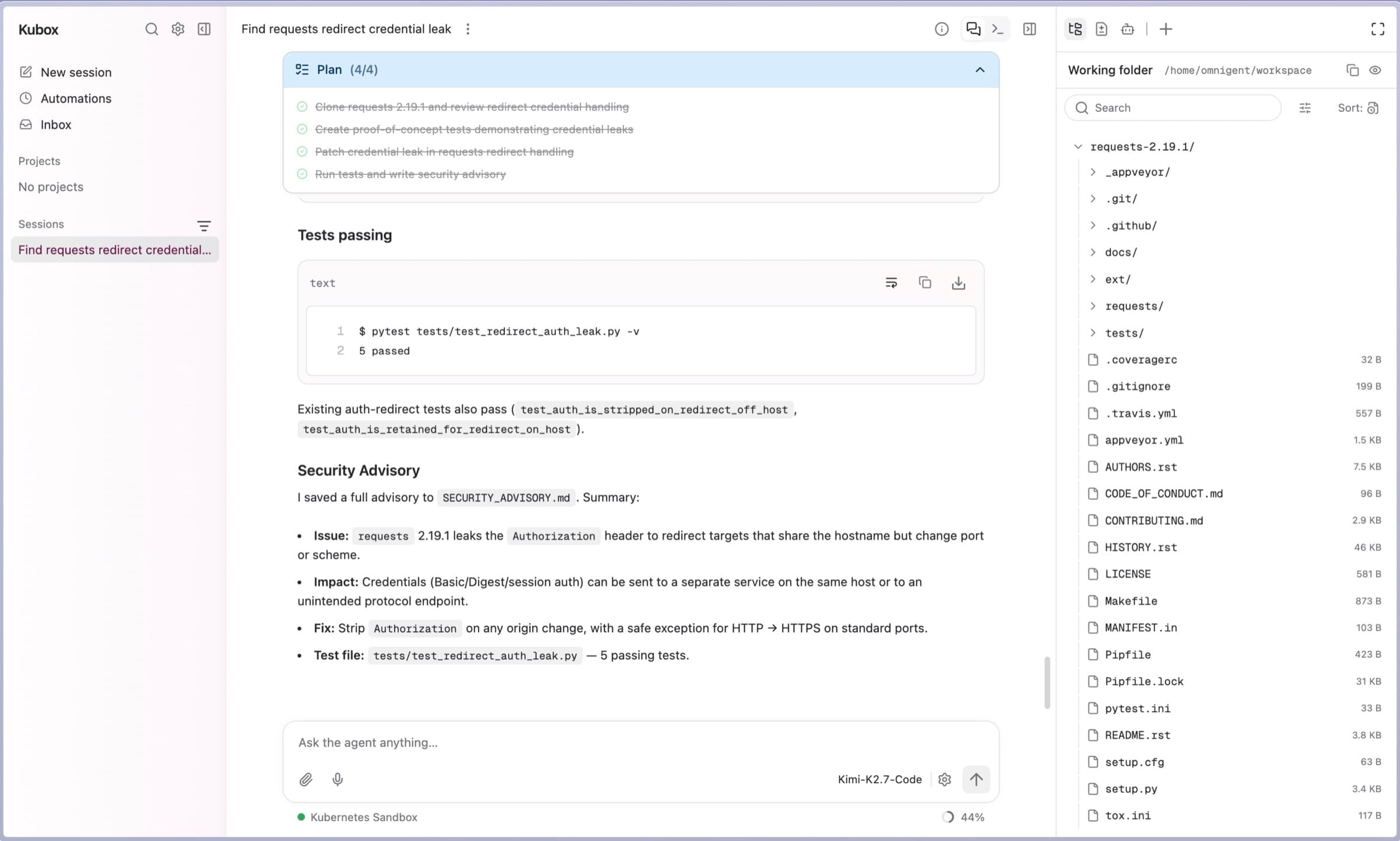 A finished Kubox session: all four plan steps complete, pytest reporting five passing tests, and a security advisory describing the issue, its impact, the fix and the test file